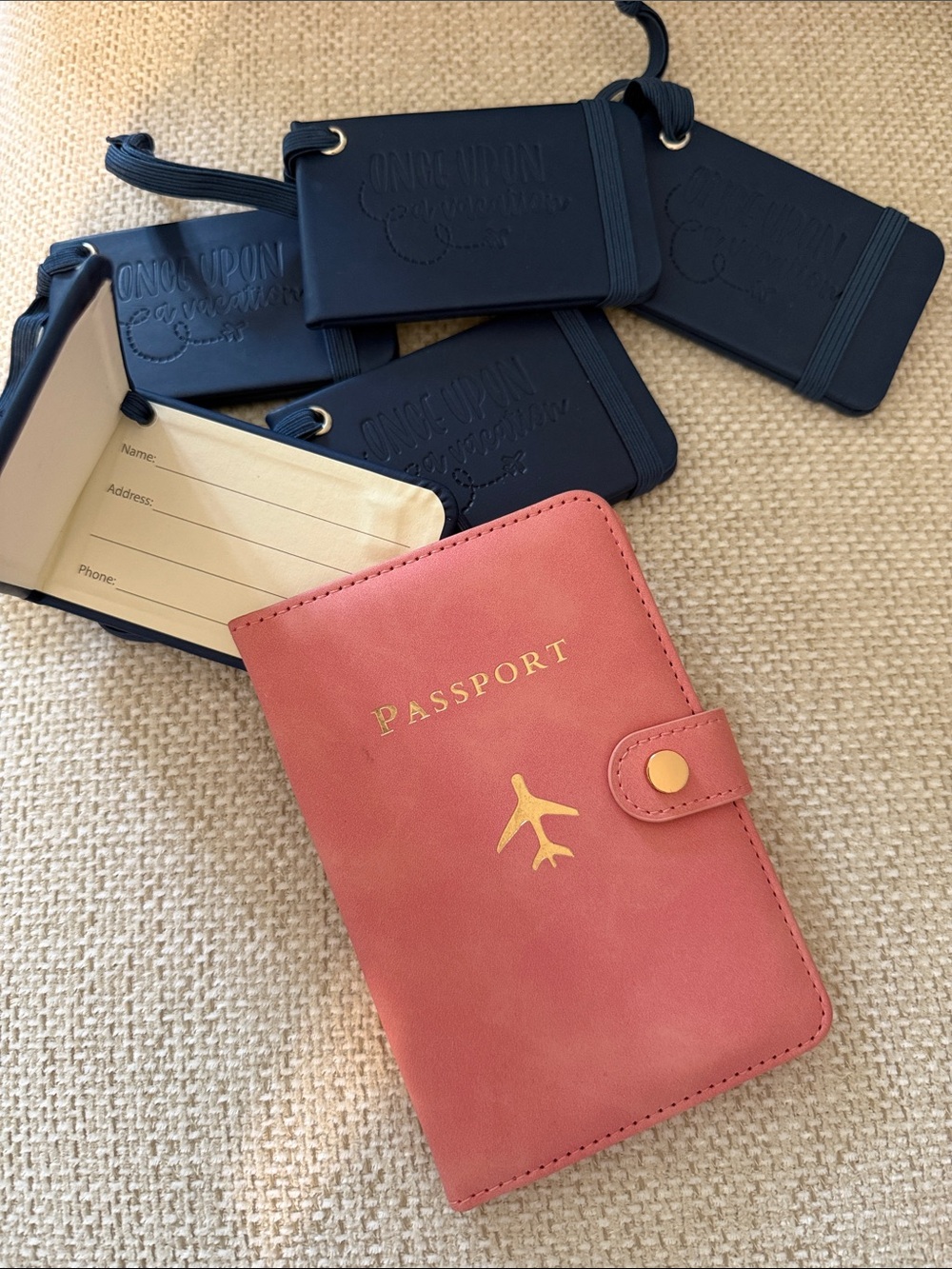 Travel Passport Wallet Case - Coral Pink with Blue Luggage Tags